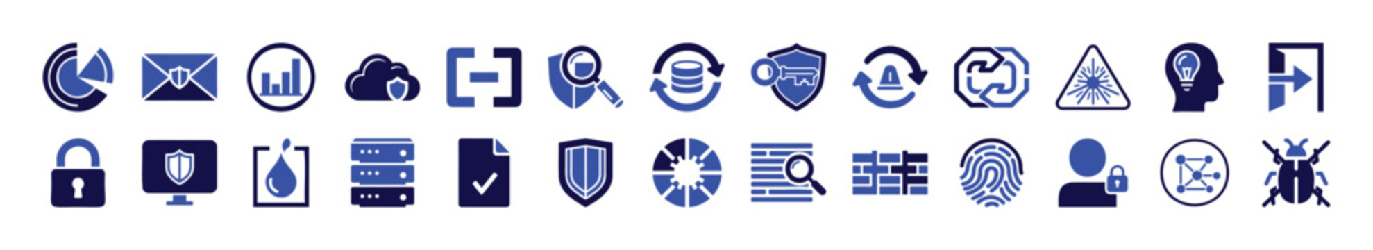 Cybersecurity and data protection icons set with cloud security, encryption, firewall, privacy and network safety symbols.