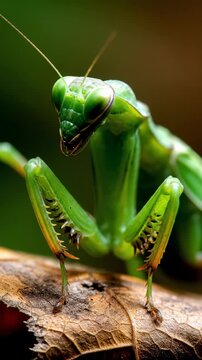 Close-up Macro Shot of a Green Praying Mantis on a Branch.