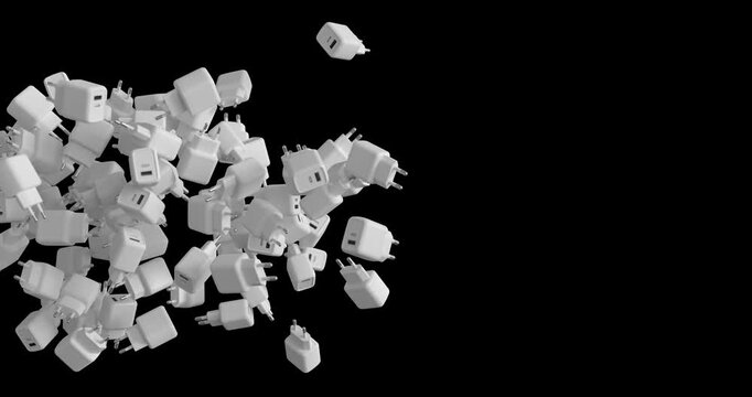 3D USB wall chargers fly in from the left and exit to the right. Perfect for tech promos, ecommerce ads, charging concepts, and modern motion overlays. 4K alpha channel, transparent.