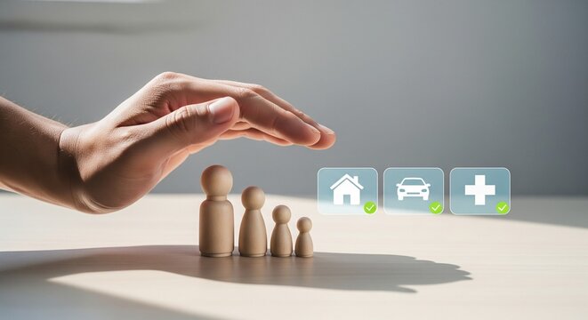 A heartwarming conceptual image of family protection and comprehensive insurance featuring a hand shielding wooden peg dolls representing a family, with digital icons for home, car, and healthcare ins