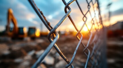 The sun sets behind a construction site, casting warm tones through a chain link fence, creating an abstract interplay of light and textures representing transitions and growth.