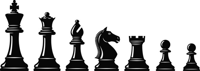 Black chess pieces silhouette set, king queen bishop knight rook pawn isolated on white background strategic game concept © MstMousumi