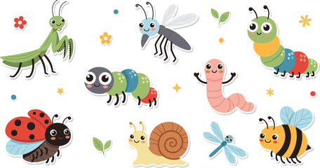 Cute insect sticker set with ladybug, bee, snail, caterpillar, worm, dragonfly © EdGe Creative