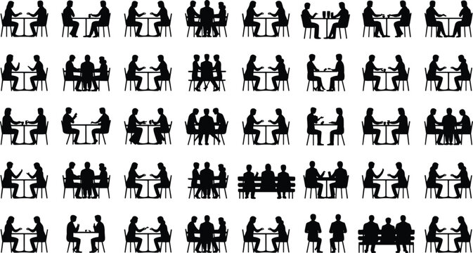 Silhouettes of people seated at tables in pairs and groups, social interaction vector illustration for communication, behavior, and design themes