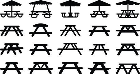 Silhouettes of picnic tables with umbrellas and benches, vector illustration for outdoor seating, garden design, park furniture, and landscape planning themes © Shirina