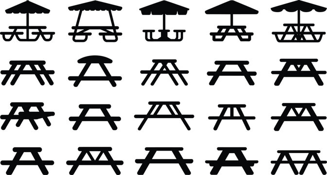 Silhouettes of picnic tables with umbrellas and benches, vector illustration for outdoor seating, garden design, park furniture, and landscape planning themes