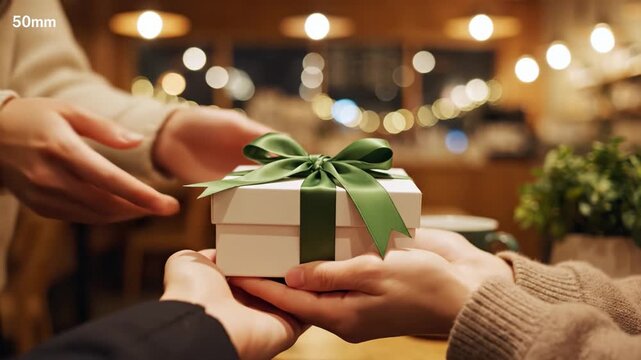 Close up of hands giving white gift box with green ribbon. Warm cafe atmosphere celebrates female friendship and empowerment. Ideal for International Women's Day or holiday marketing.