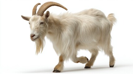 Majestic white goat with curved horns walking alone.