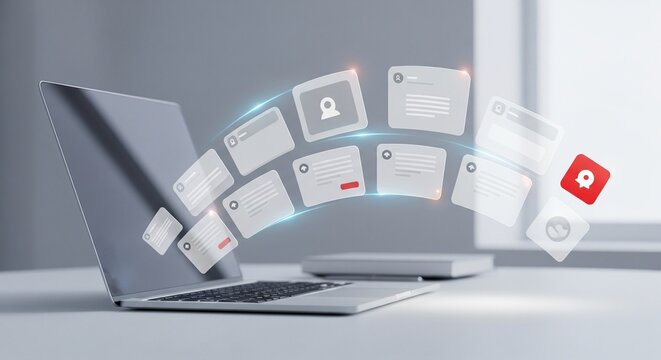 Futuristic 3D conceptual illustration of digital data management and cloud computing featuring a modern laptop with multiple floating virtual windows, application icons, and notification panels emergi