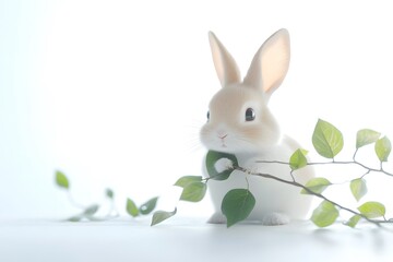 Obraz premium Cute Bunny Twirling Fresh Green Twig