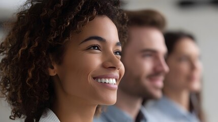 Obraz premium Diverse group of smiling professionals in a bright office setting focused on a woman in the foreground with shallow depth of field