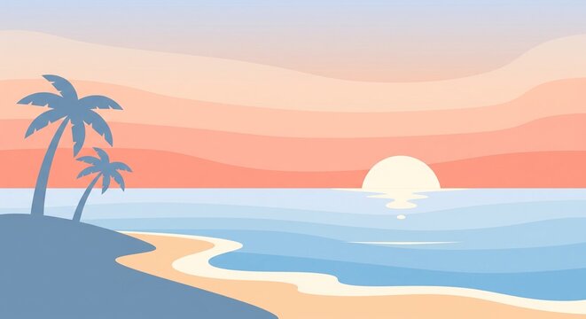 "A beautiful minimalist flat vector illustration of a tropical beach at sunset. Featuring silhouettes of palm trees on a sandy shore with calm ocean waves and a soft pastel sky. Ideal for travel websi