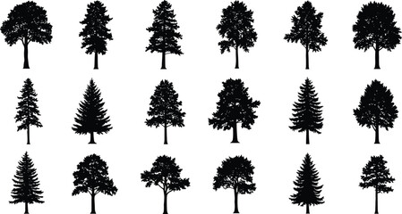 Collection of tree silhouettes in various shapes and sizes, natural black tree icons for forest, nature, landscape design, isolated on white background vector