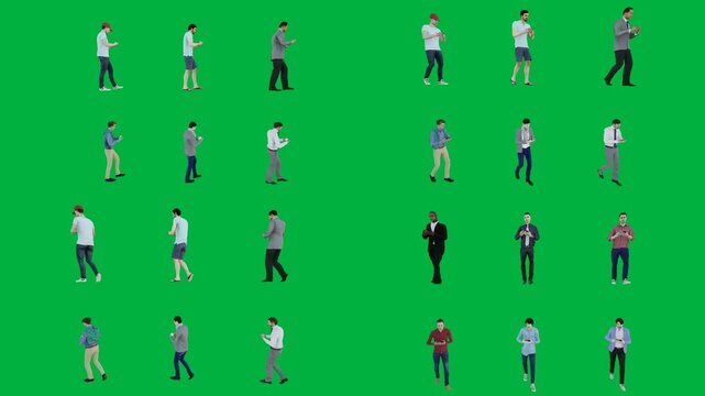 High quality animated 3D crowd people collection isolated on green screen background. Includes walking and standing human characters for motion graphics