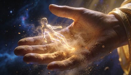 Hand holding glowing man figure representing spiritual creation. Divine birth or magical manifestation concept. Religious or fantasy illustration.