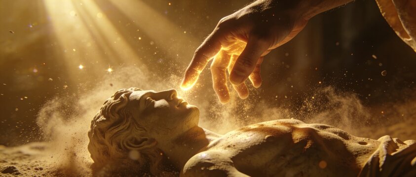 God hand touching a male statue, Adam awakening to life on creation day. Divine intervention and spiritual rebirth concept.