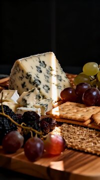 Gourmet Cheese Board with Crackers and Grapes.