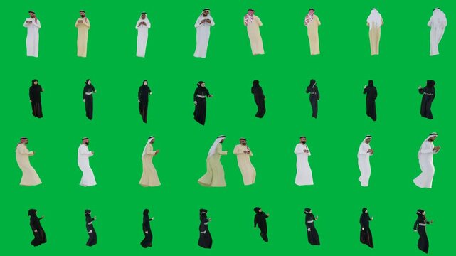 A group of people in different poses on green screen and standing front black white robes animated chromakey background colorful elements expression movement style scene design creative