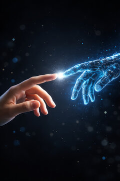 Human hand touching digital robot fingers with spark showing connection between mankind and artificial intelligence technology in futuristic virtual reality and cybernetic science