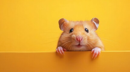 Fototapeta premium A cute hamster curiously leans over a vibrant yellow surface, capturing the essence of playfulness and curiosity in a minimalistic yet cheerful setting.