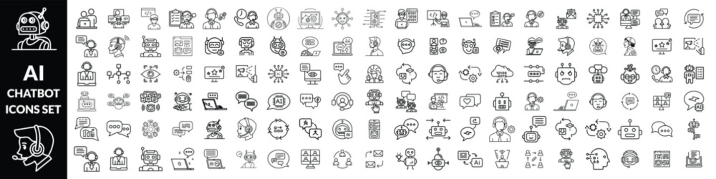 Chatbot set of web icons in line style. A collection of linear icons representing key Chatbot concepts, including a robot head with a headset, chatbot on a laptop, speech bubbles, Editable stroke 