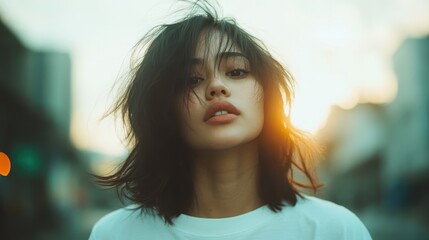 Obraz premium A striking portrait of a young woman with tousled hair, caught in the golden light of a sunset, radiating beauty and confidence in an urban setting that evokes emotion.