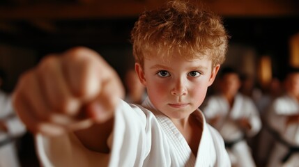 An energetic image of a young boy in a karate uniform demonstrating focus and determination as he practices a punch stance in a dynamic martial arts environment.