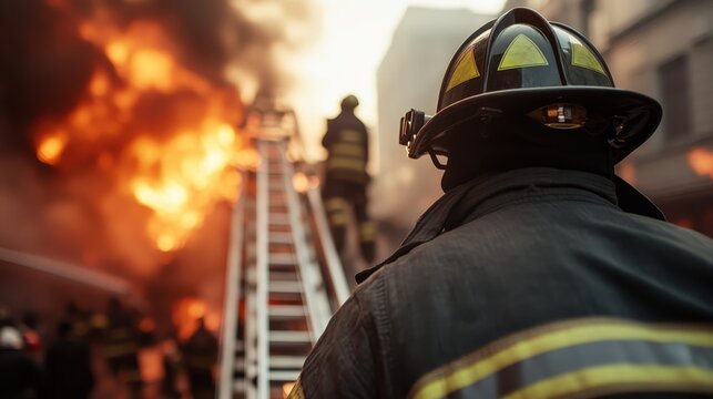A determined firefighter stands resiliently against a backdrop of flames and chaos, showcasing courage and heroism in the face of danger, as they combat a blazing inferno.