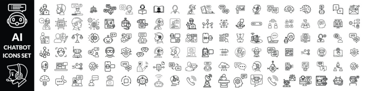 Chatbot set of web icons in line style. A collection of linear icons representing key Chatbot concepts, including a robot head with a headset, chatbot on a laptop, speech bubbles, Editable stroke 