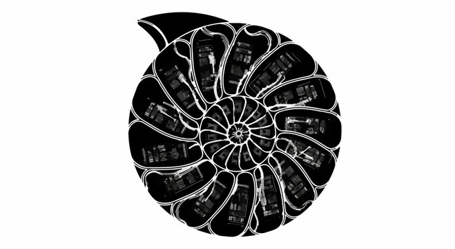 Intricate cross-section of a nautilus shell revealing its beautiful logarithmic spiral structure.