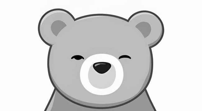 Cute gray bear face, cartoon bear icon, smiling bear head, monochrome illustration