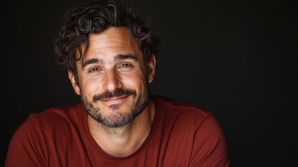 Obraz premium A portrait of a cheerful man with curly hair smiling warmly against a dark backdrop, embodying happiness and confidence in a modern and artistic setting.