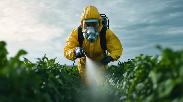 A worker in a protective suit sprays pesticide on crops, highlighting the importance of safety and environmental care in modern agriculture's pest management practices.