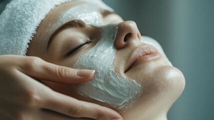 Naklejka premium A woman indulges in a soothing facial treatment, her eyes closed in bliss, representing self-care and the importance of relaxation in a calming and serene spa environment.