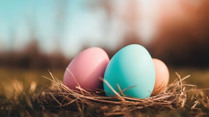 Fototapeta premium Three pastel-colored Easter eggs nestled in a grass nest, evoking feelings of spring, renewal, and the joy of the Easter holiday.