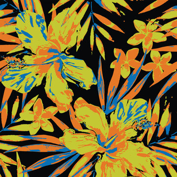 Bright tropical floral seamless pattern with bold colors for textile print for fabric, exotic flower pattern