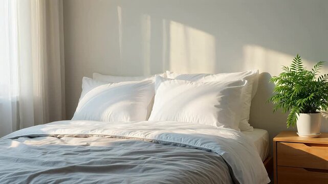 Sunlit bedroom with white bedding