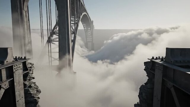 Cinematic bridge into mist. A cinematic scene of a bridge reaching into nothingness, ending abruptly as thick mist obscures what lies beyond.