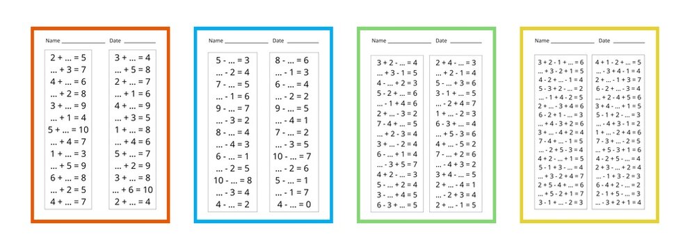 A set of math worksheets for children in first and second grade, solve the equation, 
Elementary Addition Subtraction Exercises Displayed