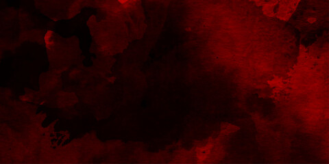 Abstract red watercolor background texture, red explosion of fine powder bursts dramatically against a stark white background, with a lightly and evenly distributed black watercolor spread effect.