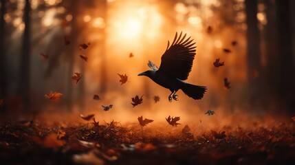 Fototapeta premium A majestic bird takes flight amid a shower of autumn leaves during sunset, symbolizing liberation and the beauty of nature as the seasons change.