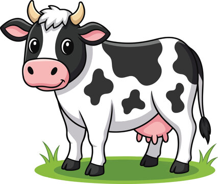 Cute Cartoon Black and White Cow Standing on Green Grass with Pink Udder
