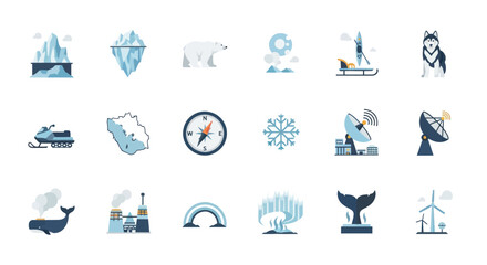 Arctic Icons Set: Polar Bear, Whale, Aurora, Iceberg, Snowmobile, Compass, Satellite © malika