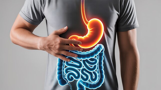 Person holding stomach with glowing digestive system on shirt