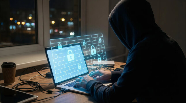 Dark nighttime scene of a hooded cyber security threat actor typing on a laptop with holographic lock icons and streaming code, illustrating digital risk and data protection