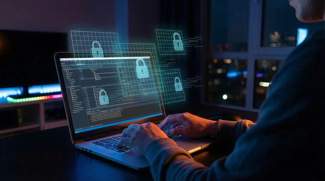 Cybersecurity specialist working at a laptop, surrounded by holographic padlock icons and encrypted data visuals, illustrating protection, threat monitoring, and secure coding.