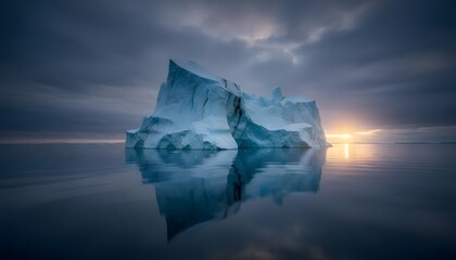 Massive iceberg in a calm dramatic sea with minimalist composition