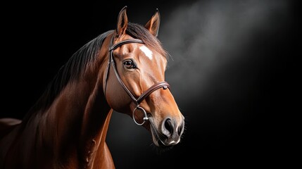 Obraz premium This stunning close-up image captures a majestic brown horse with a shiny coat, highlighting its expressive eyes and elegant features against a dramatic black background.