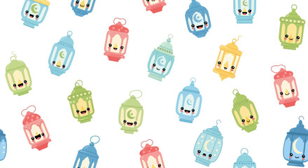 Obraz premium Cute Ramadan Lanterns Kawaii Pattern