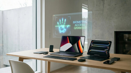 Naklejka premium Modern home office setup with wooden desk, laptop, wireless keyboard and mouse, large monitor display biometric access graphics, minimalist accessories, and abundant natural light
